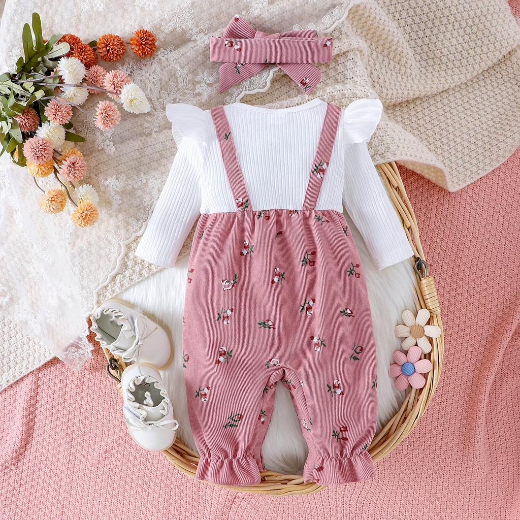 Kleinkind Mädchen 3-teiliges Outfit Set Geripptes Langarm-Oberteil mit Rüschenärmeln Blumenmuster Latzhose mit Schleife und Stirnband Herbst Winter