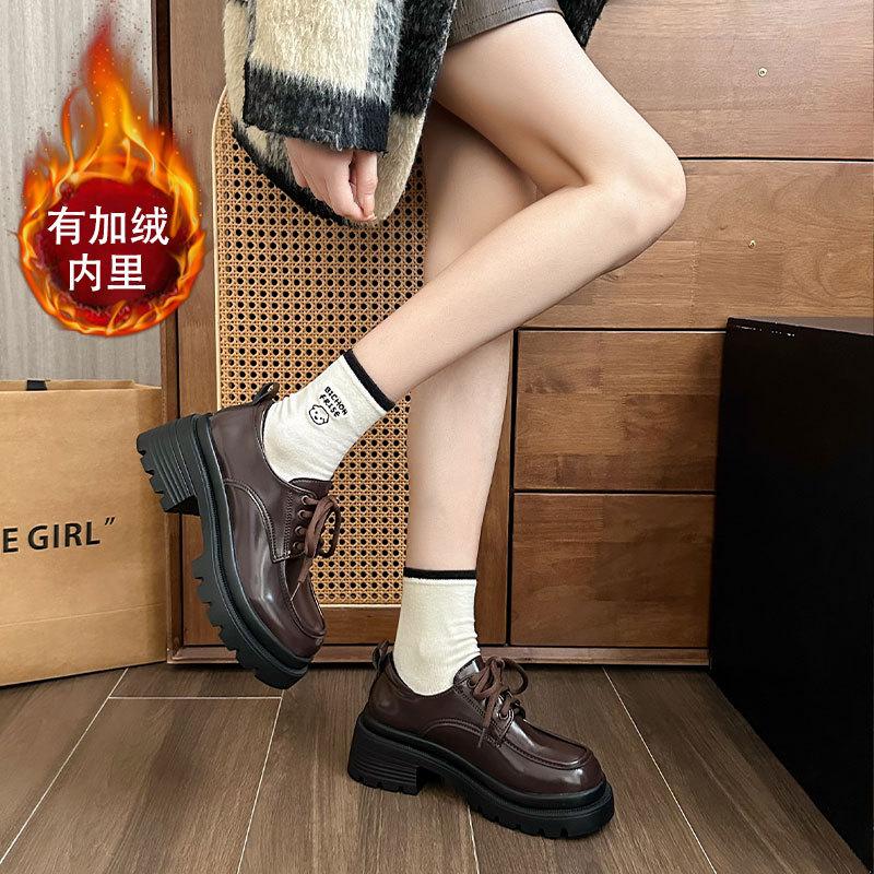 Retro British Style Black Small Leather Shoes Women's Autumn New Velvet Thick-soled Heightening Small Loafers
