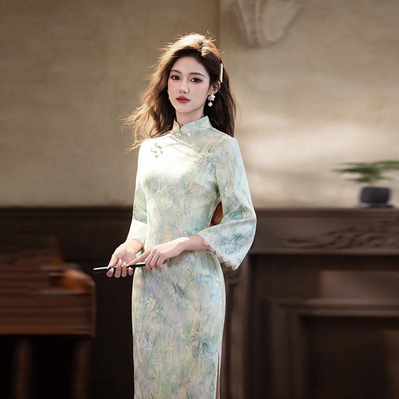 Stile nazionale verde nuovo cinese Suzhou manica lunga autunno cheongsam migliorato giovane 1011 nuovo da donna sensazione di alta gamma primavera e autunno