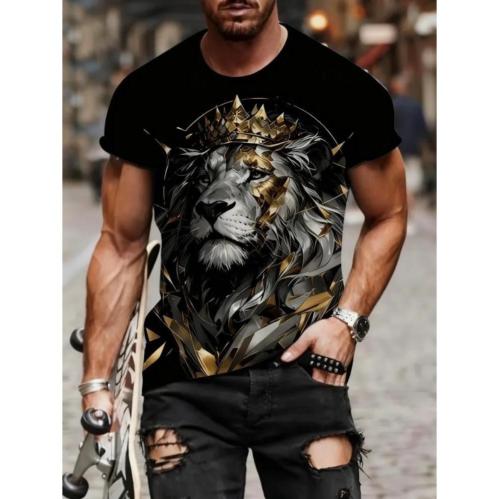 Men's Animal Domineering Lion Print Short Sleeved T-shirt Large Loose Casual Fashionable Comfortable Soft Breathable T-shirt
