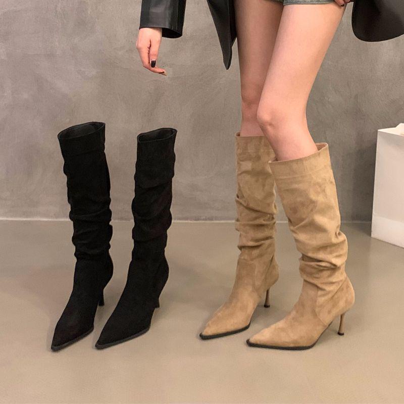 Women's Retro Suede Stiletto Thigh-High Boots - Black, Ruched Style for Autumn/Winter