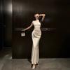 French High-end Mesh Splicing Satin Dress Temperament Celebrity Waist Slim Banquet Dress Female Summer
