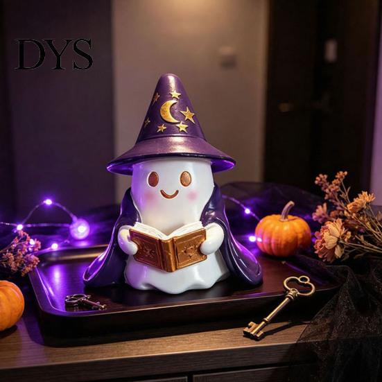 Whimsical Ghost Sculpture Lighted Figurine, Resin Wizard Statue with LED Light, Cute Holiday Figurine Reading Book Night Light for Halloween