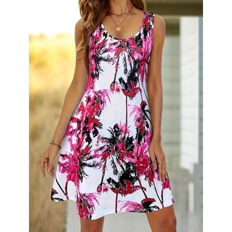 

Summer Women s Beach Dress Printed Sleeveless Dress Vacation Leisure Beach Style O-neck Vest Dresses S