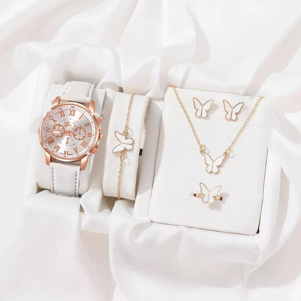 2pcs-Fashion Women's Watch Simple Roman Dial Quartz Watch Women's Leather Strap Watch Bracelet Set (No Box)