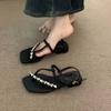 New Rhinestone Buckle Strap Clip Toe Flat Sandals Women's Summer Roman Beach Shoes Open Toe Non-slip Women's Shoes