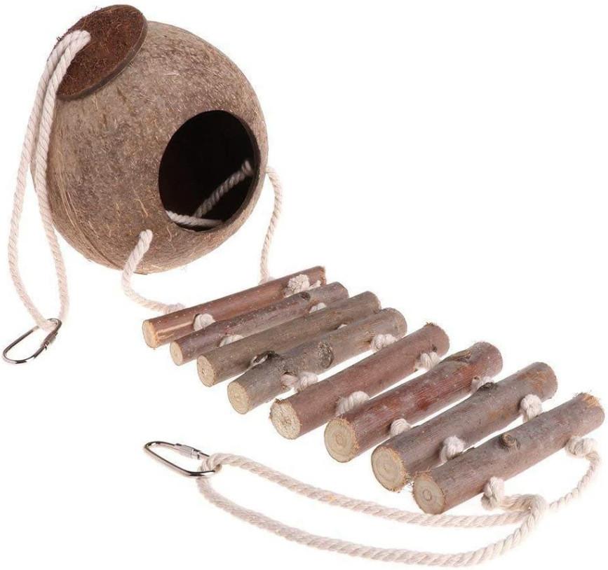 Casa de Passarinho de Casca de Coco para Papagaio com Escada de Nuvem Brinquedo de Madeira para Pássaros para Decoração de Gaiola
