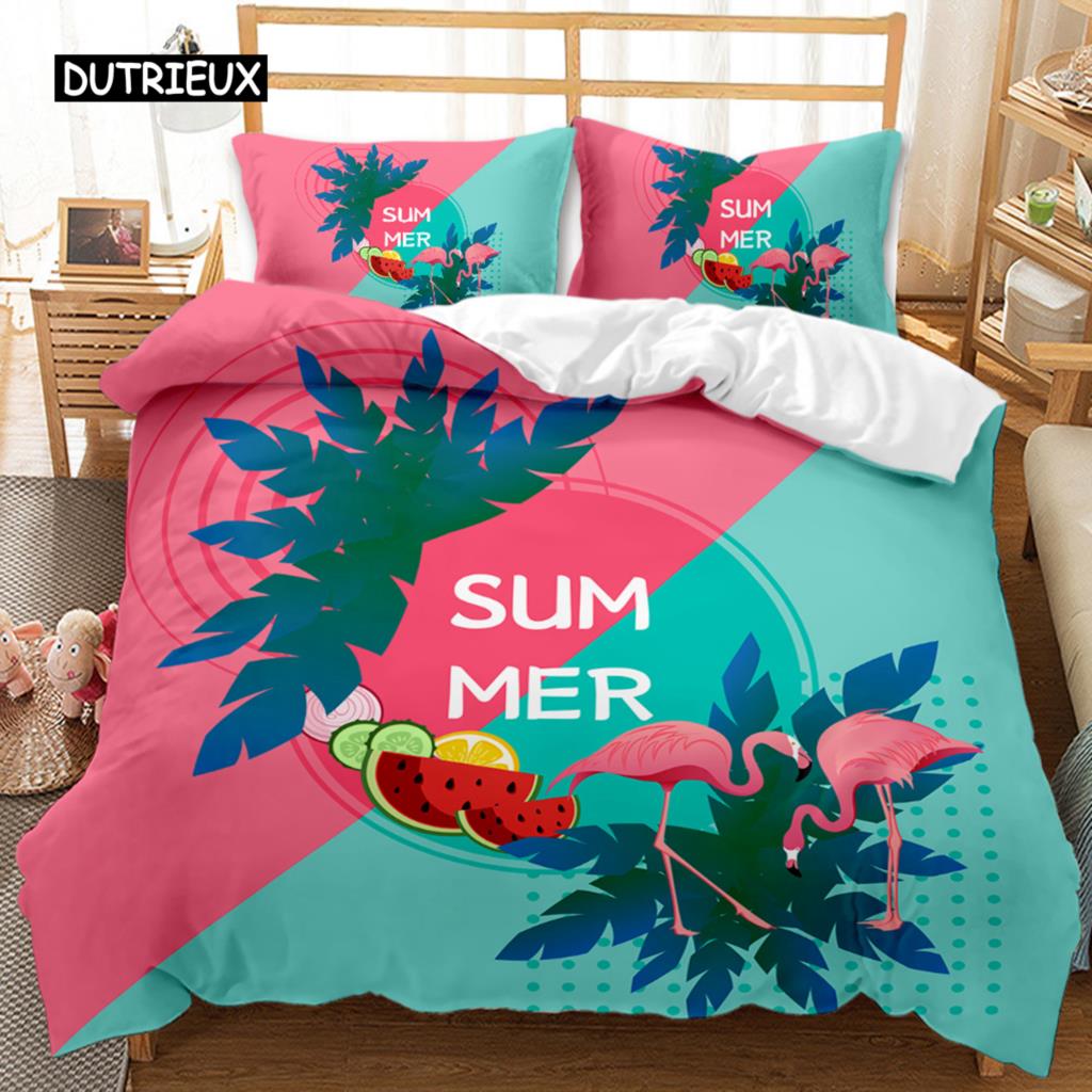 Flamingo Duvet Cover Couple Flamingo Palm Leaf Twin Bedding Set Tropical Botanical Leaves Summer King Size Polyester Quilt Cover