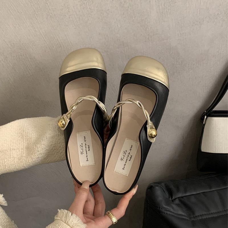 

Xiaoxiangfeng Мэри Джейн одиночные туфли фея французские сандалии женская обувь 2025 весна и весна плоское дно сумка голова носить полутапочки женщина 40 чёрный