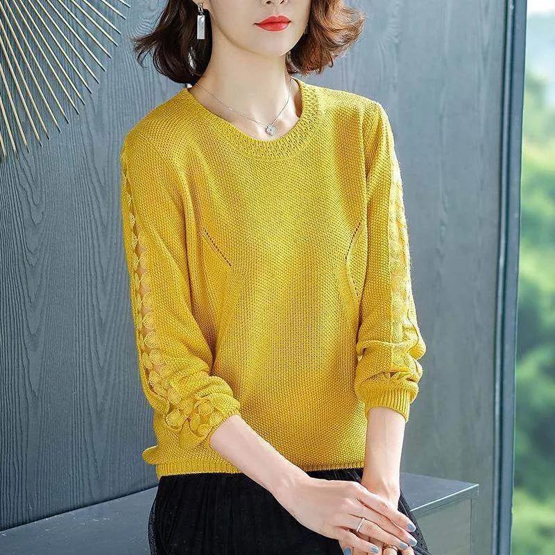 WTEMPO Spring Autumn Winter Solid Color Lace Hollow O-Neck Knitted Pullovers Women's Large Size Casual Versatile Loose Sweaters