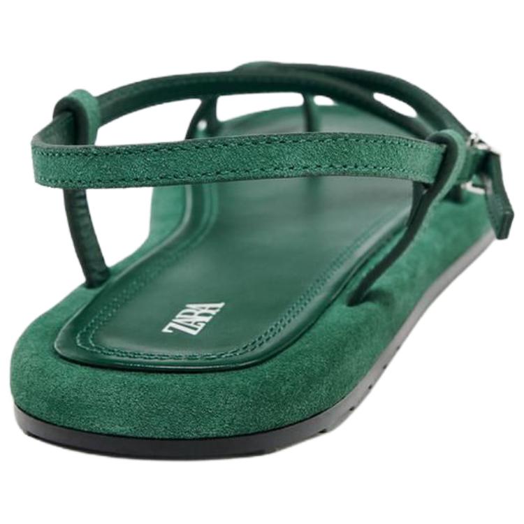Zara Leather Open Toe Fashion One Strap Sandals 1.5cm Women Sandals Green 2639510500