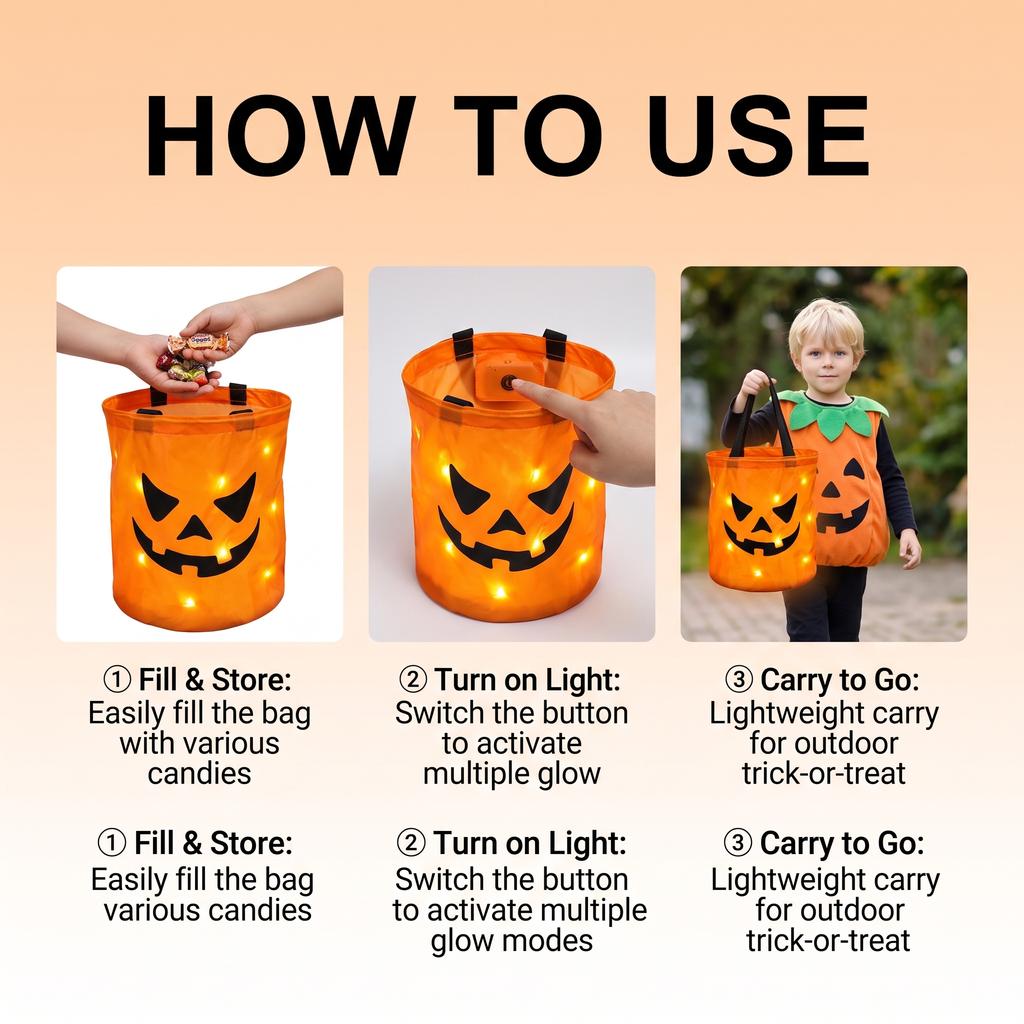 Halloween LED Pumpkin Candy Bucket, Multi-Mode Light-Up Pumpkin-Themed Handheld Candy Storage Bucket