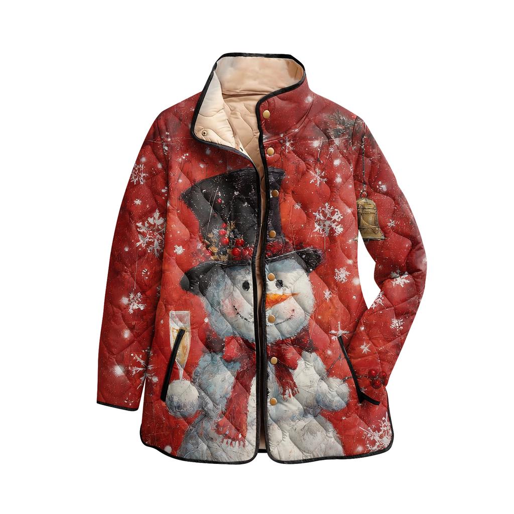 Cappotto da donna in cotone a maniche lunghe imbottito a collo alto con stampa natalizia e bottoni