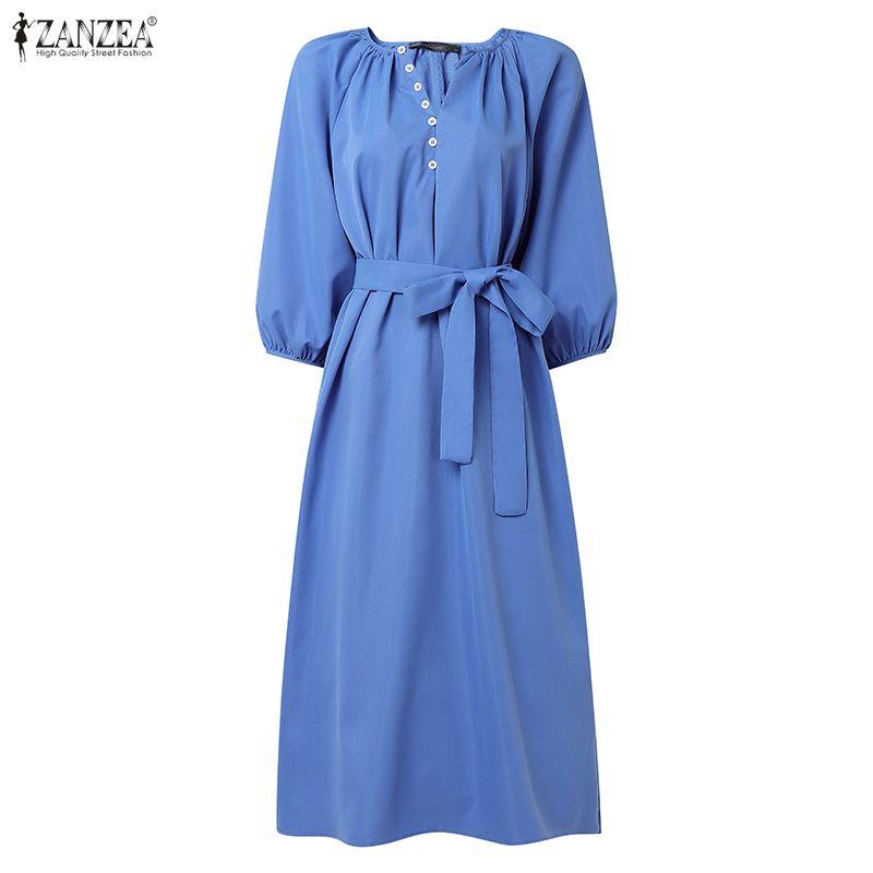 ZANZEA Abito Casual da Donna con Scollo a V, Colore Unito, Manica a 3/4