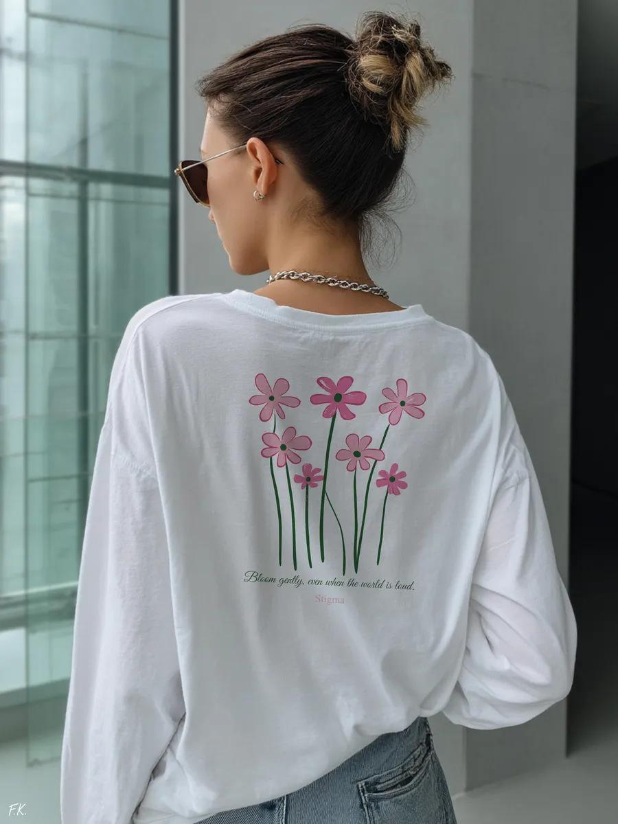 100% хлопковая футболка осенняя новая маленький свежий маленький свежий цветочный принт удобный топ XXXL белый