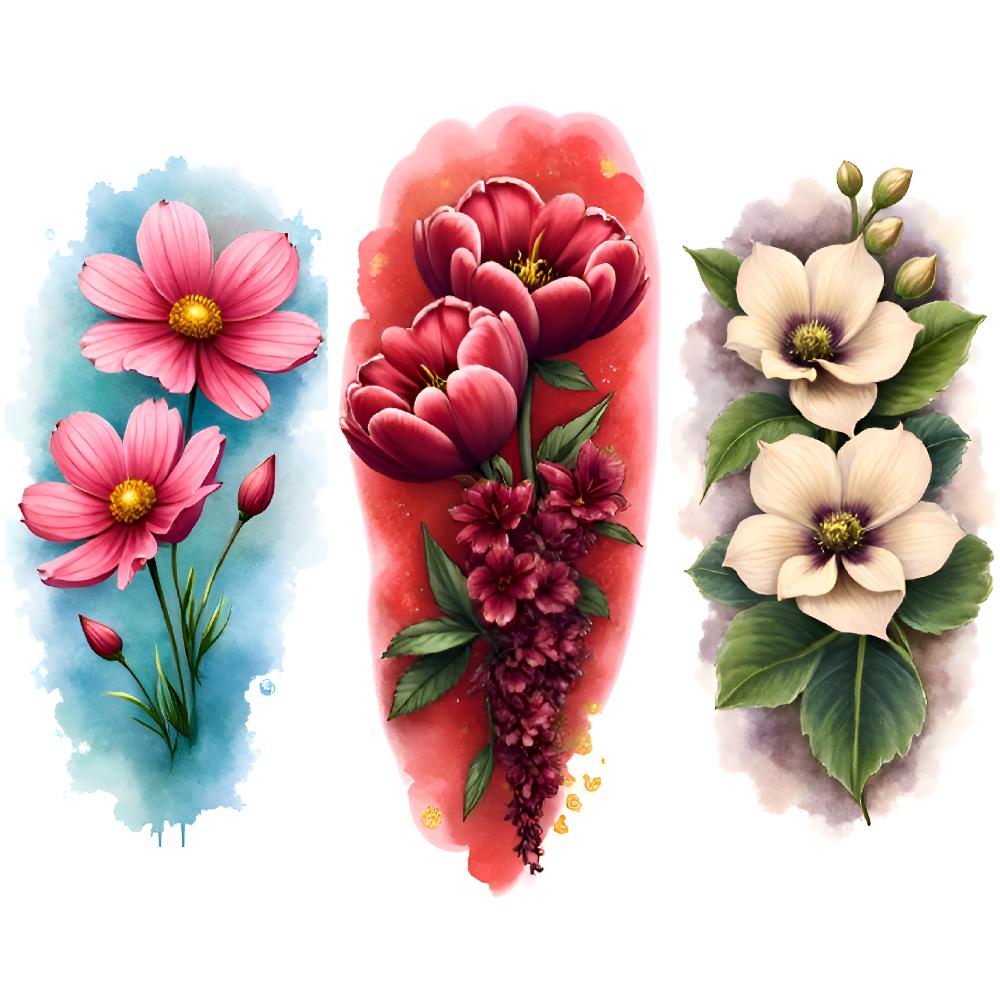 3pcs Temporary Tattoo Floral Tattoos Realistic Temporary Tattoos Nature Designs Flower Patterns For Adult Male Back