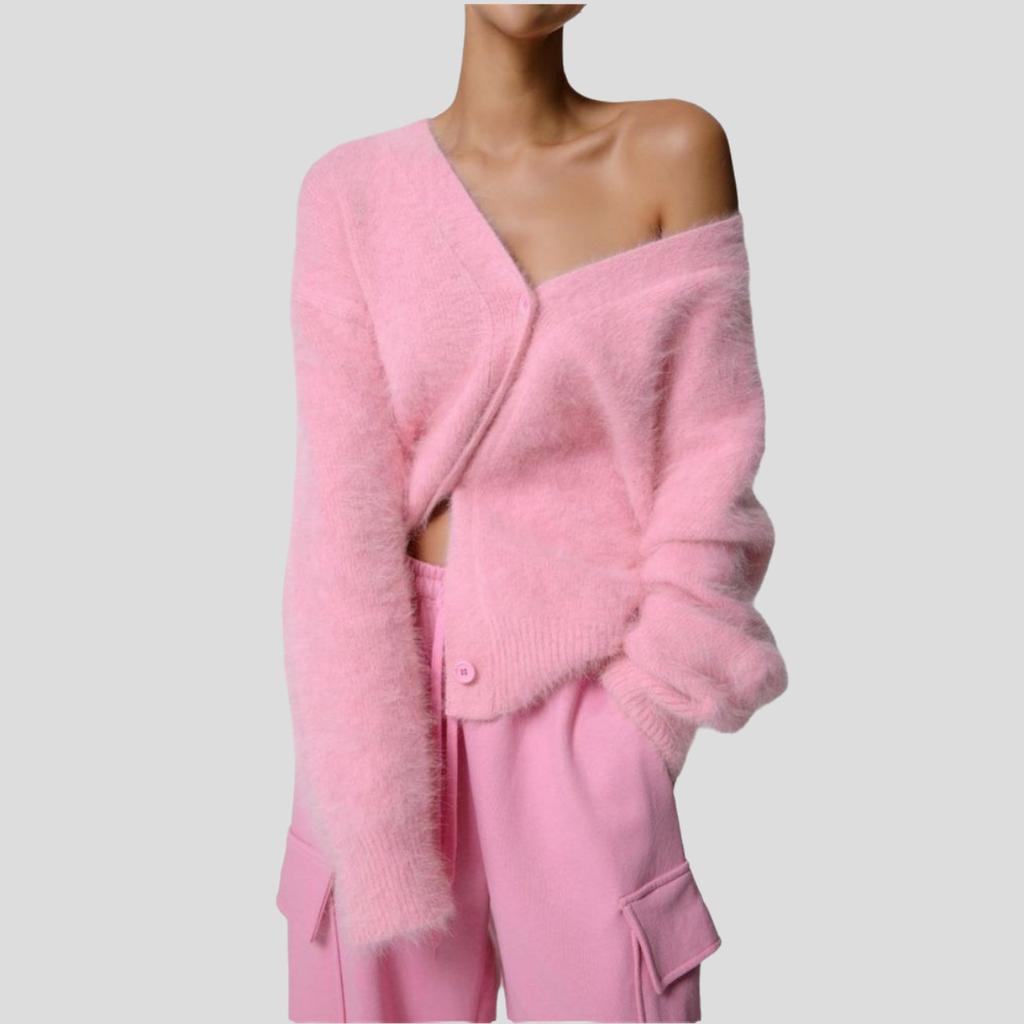 Women's Faux Mink Knit Cardigan Jacket Soft and Skin-friendly V-neck Knit Cardigan Autumn and Winter