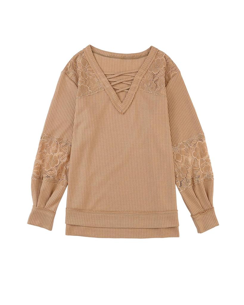Azura Exchange Lace Waffle Patchwork Strappy V Neck Long Sleeve Top