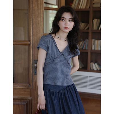 Summer Sweet Xiaoqing Literary V-neck Fungus Edge Splicing Short-sleeved T-shirt Top Women