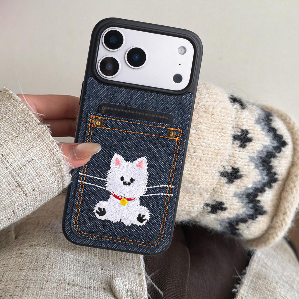 Cartoon Denim Embroidered Dog Faux Leather Phone Case Card Holder Premium Stylish for iPhone 17 Pro Max/17Air Pro