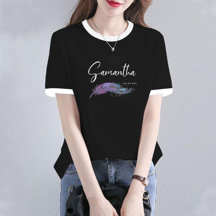 

Cotton short-sleeved t-shirt women s summer new black and white spliced top 2XL чорний