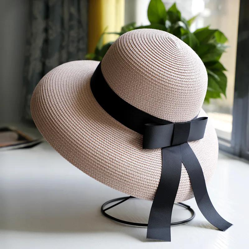 WTEMPO Black Bow Casual Foldable Summer Straw Hats Women's Wide Brim Solid Color Outdoor Beach Sunscreen Hats
