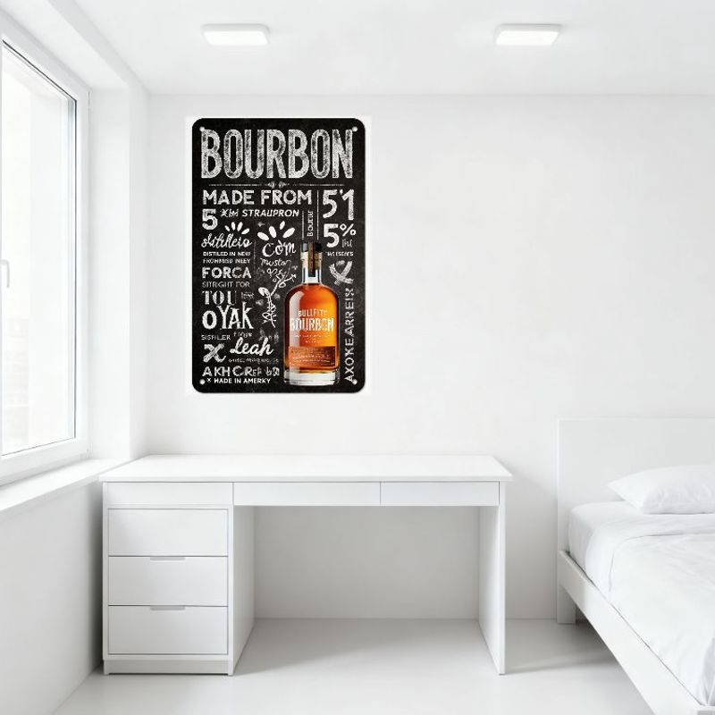 Bourbon Metal Tin Sign Chalkboard Style with Vintage Illustration & Text for Bar Restaurant Man Cave Home Decor