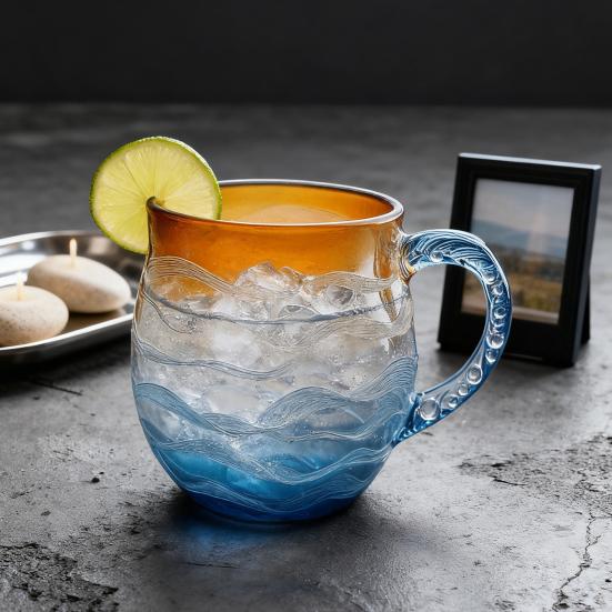 Yousheng Sunset Ocean Cup Wave Pattern Water Glass 350ml Oceanic Theme Drinking Cup Artistic Drink Container for Beach Lovers