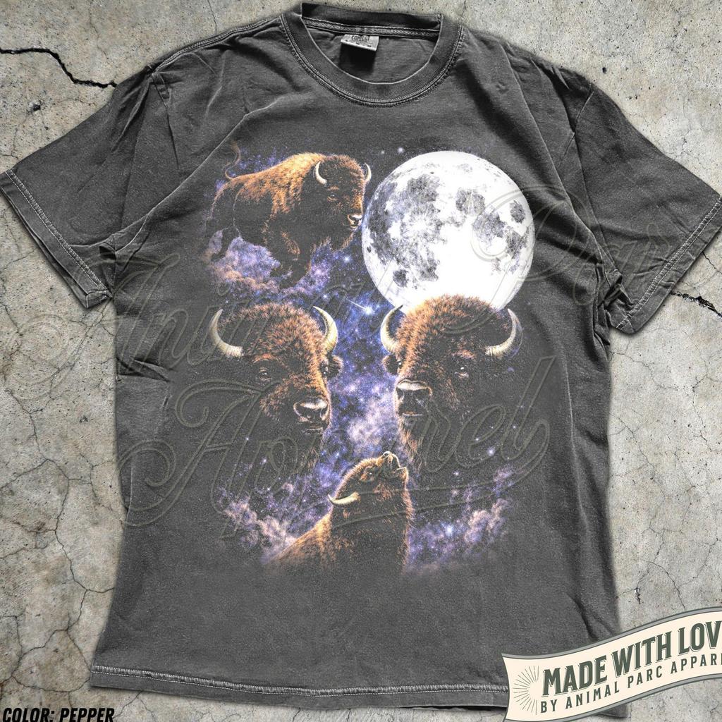 Bison Space Moon T-Shirt, Silly Bison Tee, Western Wildlife Shirt, Buffalo Full Moon Graphic Top, 90s Vintage Animal Graphic Bison Farmer
