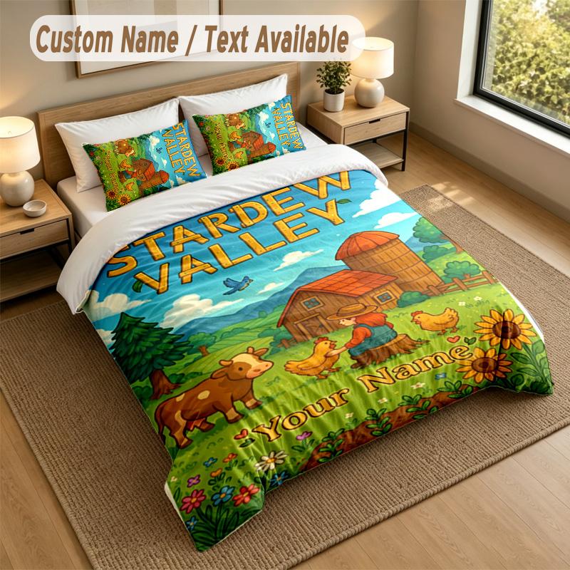 3Pcs Bedding Set Custom Name Text, 1 Sheet 2 Pillowcases Home Bed DecorStardew Valley