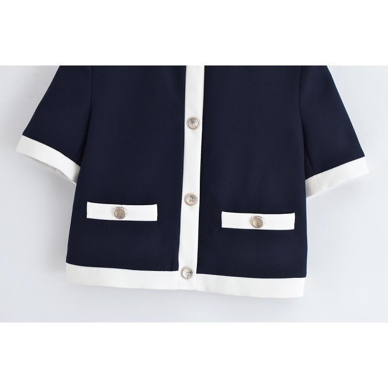 2025 Color Block European & American Style Short-Sleeved Blazer + High-Waisted Pants Set