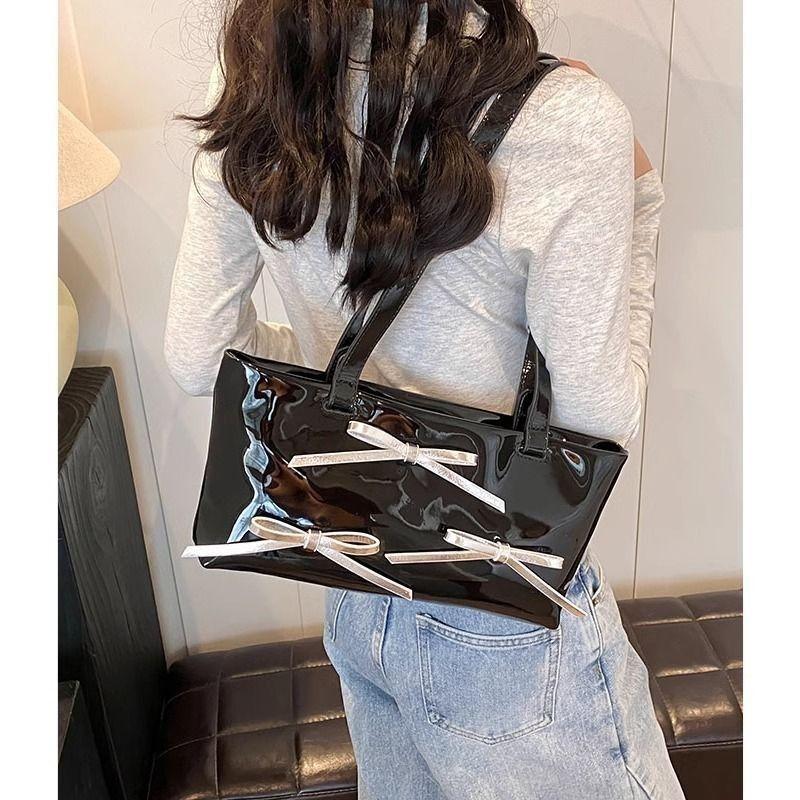 Patent Leather Silver Bag Women'S Spring Pink Bow Ballet Underarm Bag Portable Baguette Bag