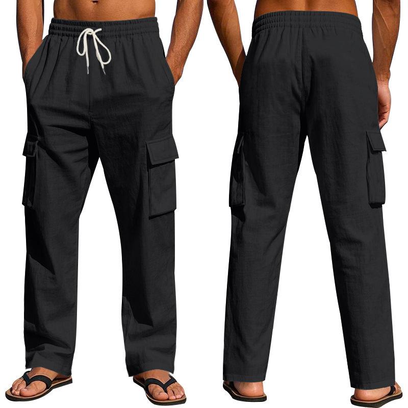 Men's new four seasons thin section breathable workwear multi-pocket loose casual trend wide-leg trousers
