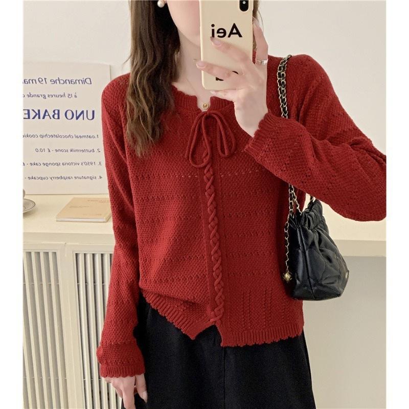 Spring Solid Color Sweater Top Thin Lace Round Neck Knitted Sweater for Women