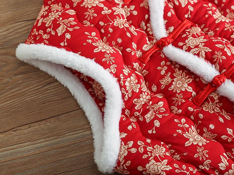 Damska pikowana kamizelka bawełniana z kwiatowym wzorem i guzikami w kształcie żabki - Ciepła bezrękawnikowa odzież wierzchnia na jesień/zimę