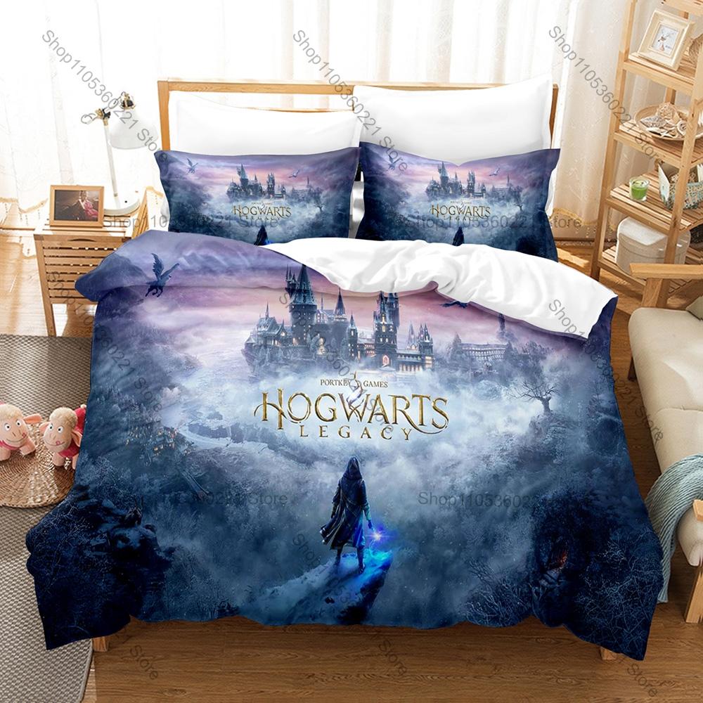 Hogwarts Legacy Beddengoed Dekbedovertrek + 2 Kussenslopen Tovenaar Open Wereld Spel Hogwarts Kasteel Magisch Bos Slaapkamer Decoratie AU Single 140*210cm/55x83in 3pcs