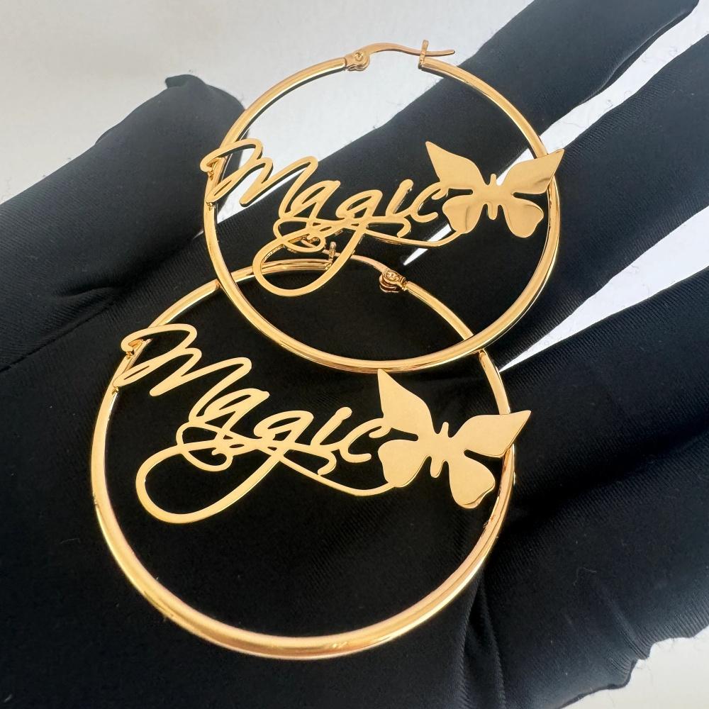 Fashionable Personalized Name Earrings Stainless Steel Customized  Large Hoop Butterfly Earrings Christmas Birthday Gift