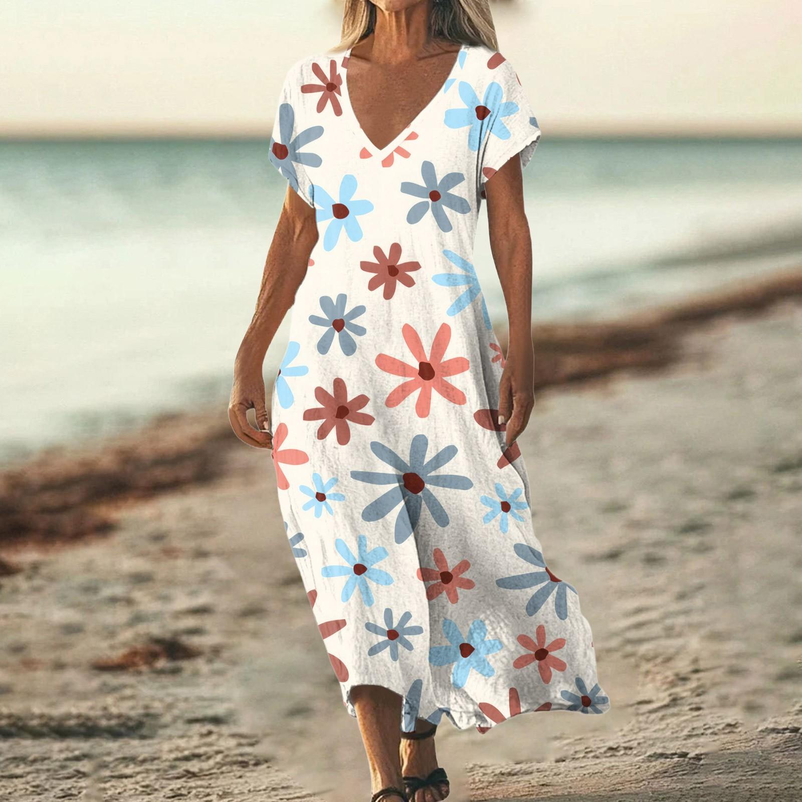 

Fashion Women s Summer V-Neck Short Sleeve Floral Print Beach Dress XL белый