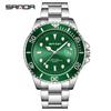 Sanda Steel Band Men's Quartz Watch with Simple Calendar, Waterproof, Green Dial