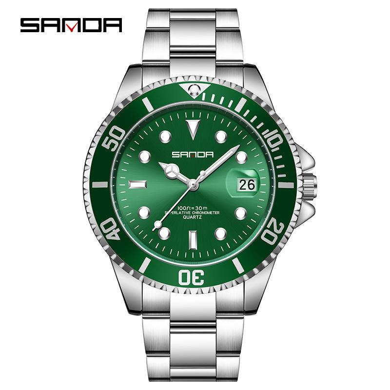 Sanda Steel Band Men s Quartz Watch with Simple Calendar, Waterproof, Green Dial