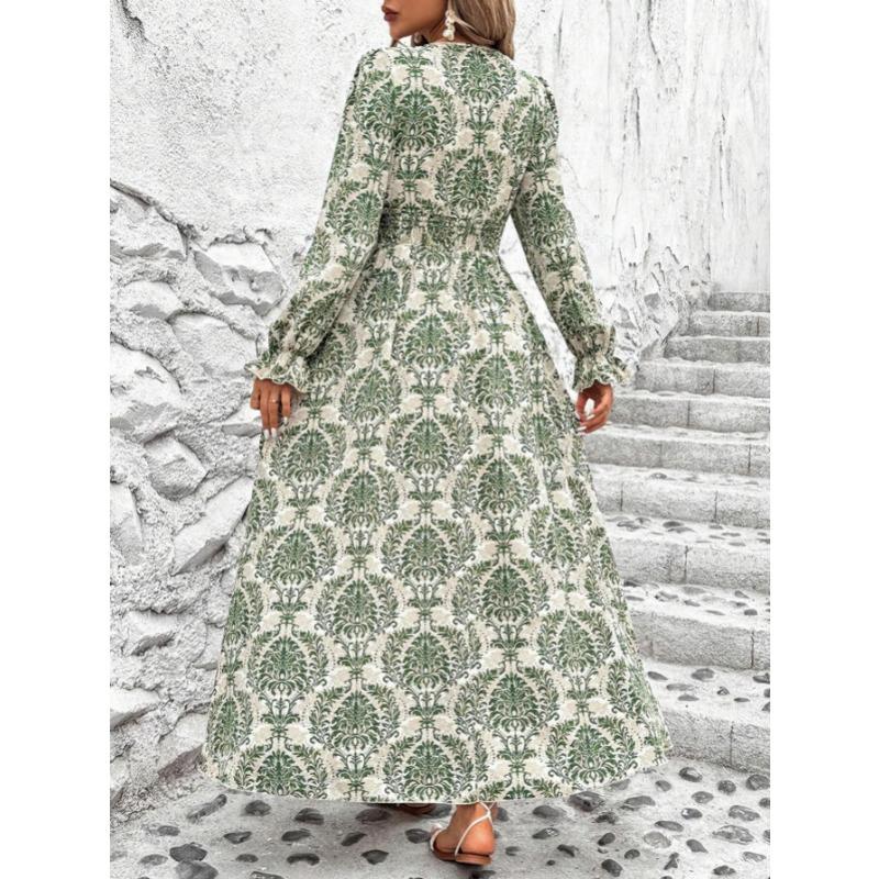 Fashion V-neck Long Sleeve Printed Loose Women Dress Spring Autumn Elegant A-line Party Long Versatile Dress Slim Fit Holiday Women's Clothing