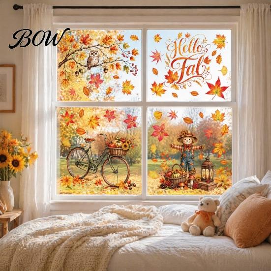 Autumn Window Clings 6 Sheets Harvest Static Stickers, Maple Leaves Scarecrows Bicycle Owl Thanksgiving Decals Decals, Reusable PVC for Home