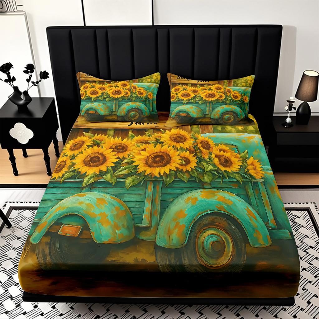 Home Textiles Sunflower Pattern 3D Digital Printing Sanded Sheet Three-Piece Set, Pattern