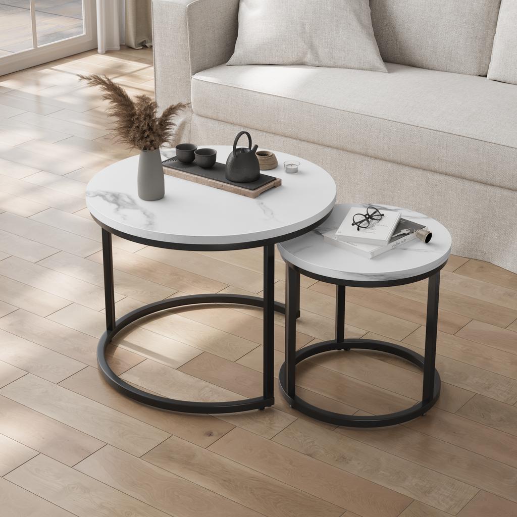 White Nesting Coffee Table 2-Piece Set, 60cm Metal Frame Round Coffee Table, Suitable for Living Room, Bedroom, Balconies, Patios, Offices, Small Room