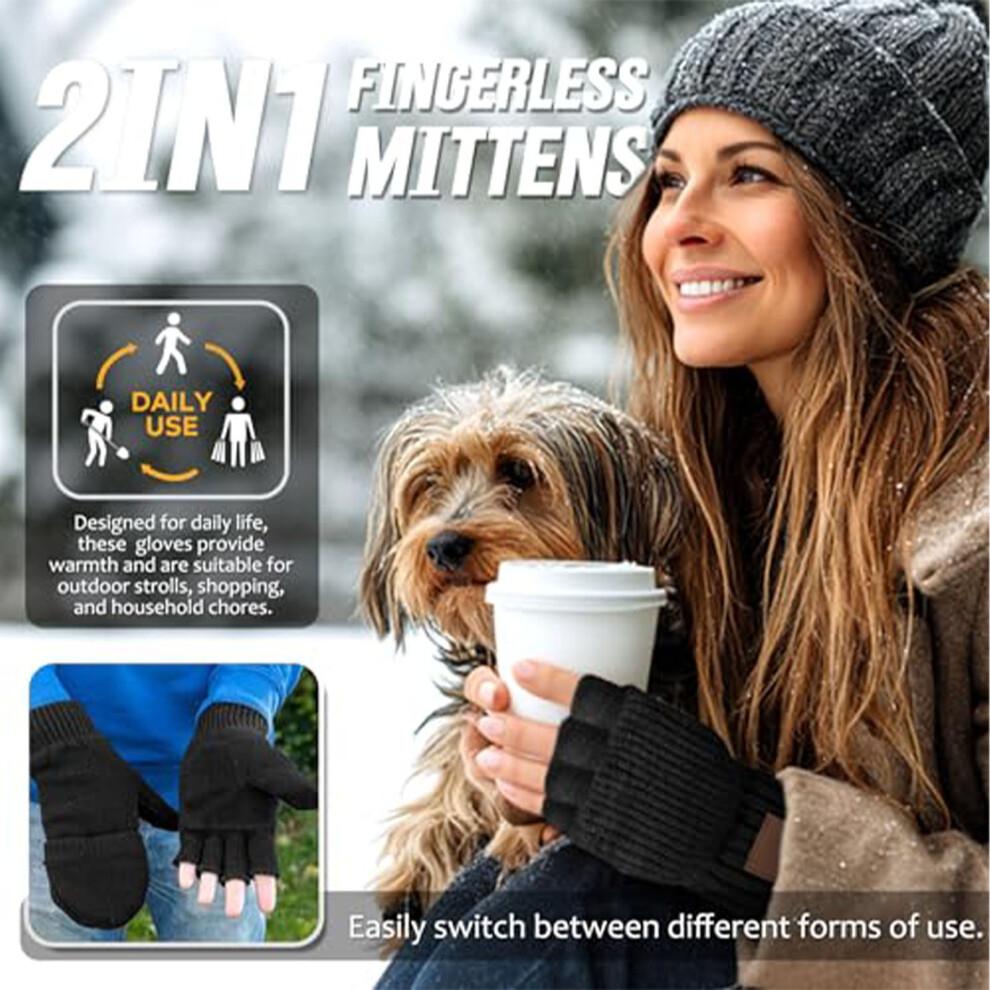Winter Thermal Fingerless Gloves, Knitted Convertible Mittens with Touchscreen, Windproof & Warm – Gray, Compatible with All Touchscreens