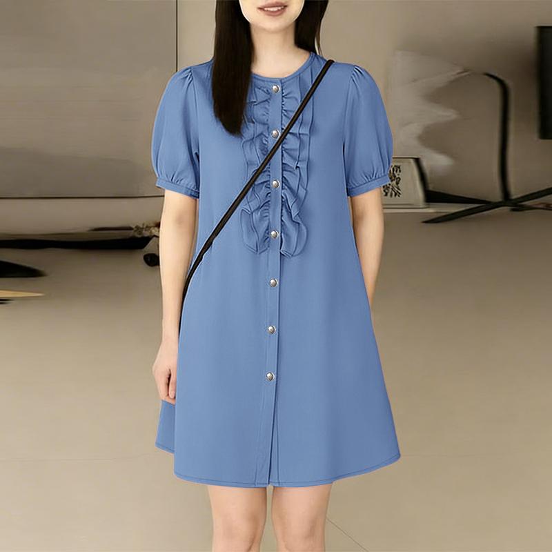 ZANZEA Women Casual Ruffles Splice Round Neck Summer Short Sleeve Dress S синий