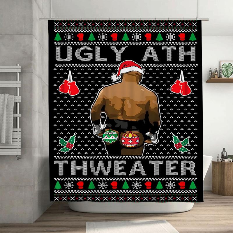Ugly Christmas Sweater Shower Curtain, Boxing Theme Santa Hat Gloves, Festive Bathroom Decor, for Christmas Party 90x180cm
