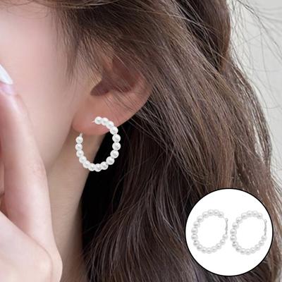 Çift Huggie Küpe Sahte İnci Yuvarlak Şekil Abartılı Düz ​​Renk Anti-alerji Hafif Paslanmaz Kulak Dekorasyon Takı Küpe