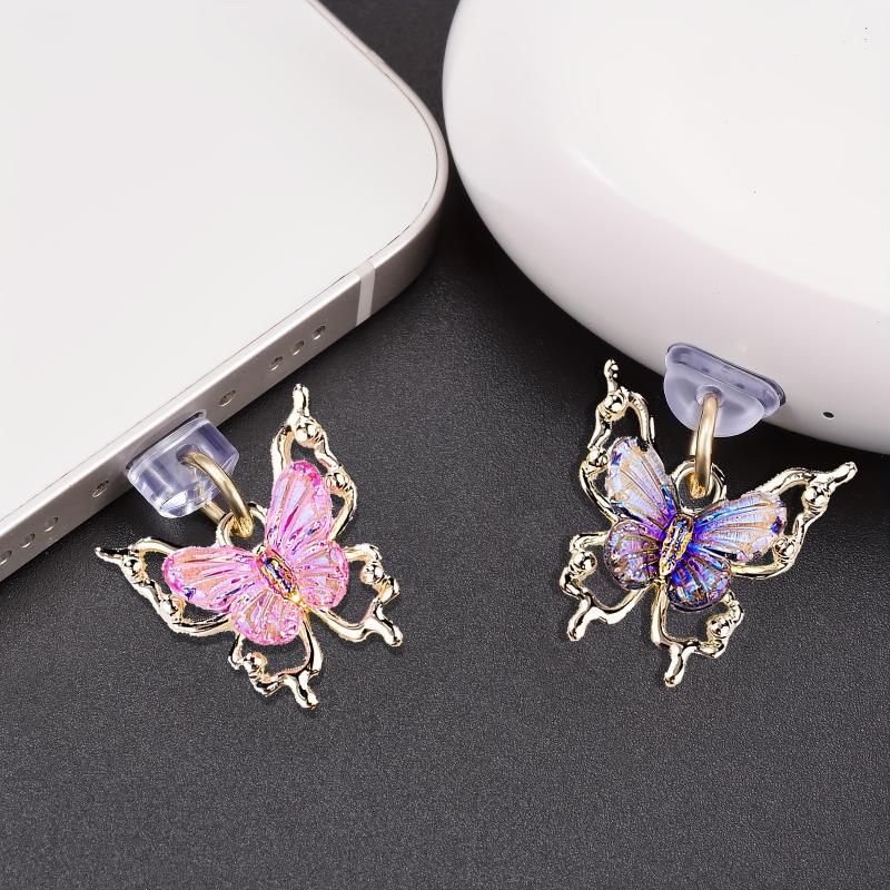 Glitter Butterfly Phone Dust Plug Accessories Decoration Hanging Pendant For Iphone For Samsung Type-C Charging Port