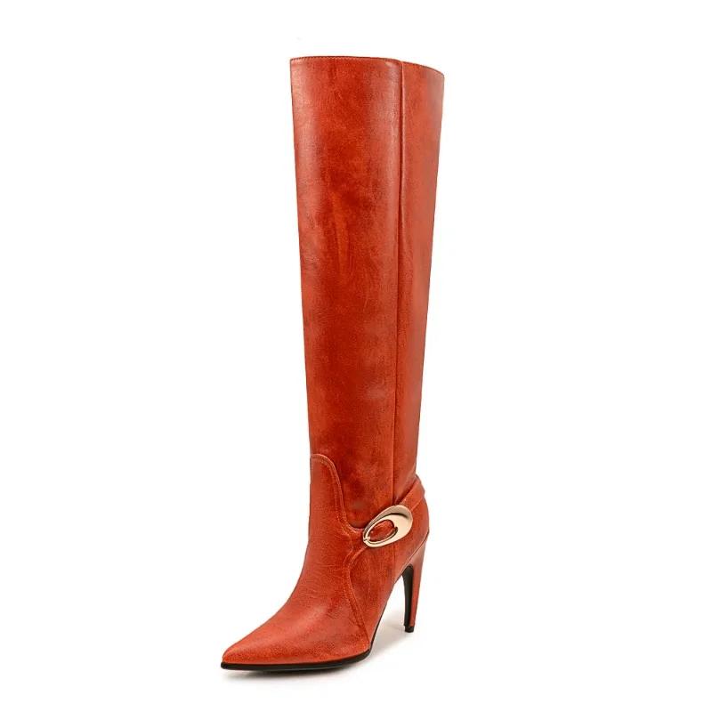 Fashion New Retro Fashion Belt Buckle Long Boots Autumn and Winter Pointed End 10cm High Heels Short Plush Warm Women's Boots Size 35-43